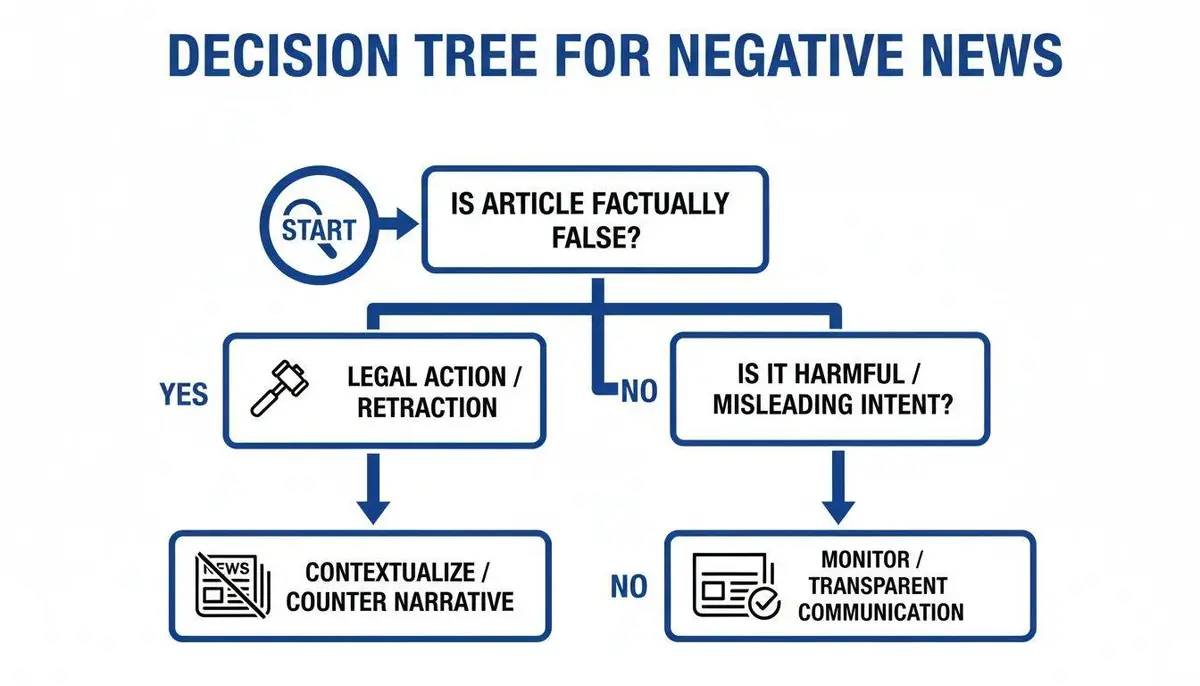 Decision tree flowchart for negative news, outlining steps based on factual accuracy and harmful intent.