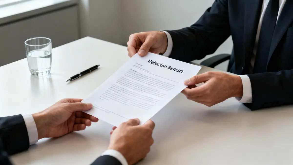 Two business professionals in suits exchanging a document over a white table during a meeting.