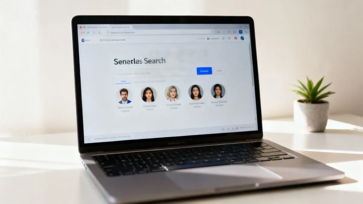 A silver laptop displays a 'Senerlas Search' page with user profiles and a green plant on a white desk.