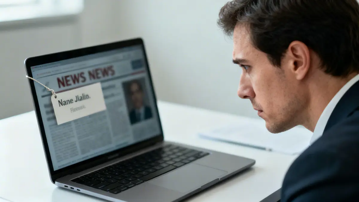 A focused man in a suit intensely views a laptop screen displaying a news website with a name tag.