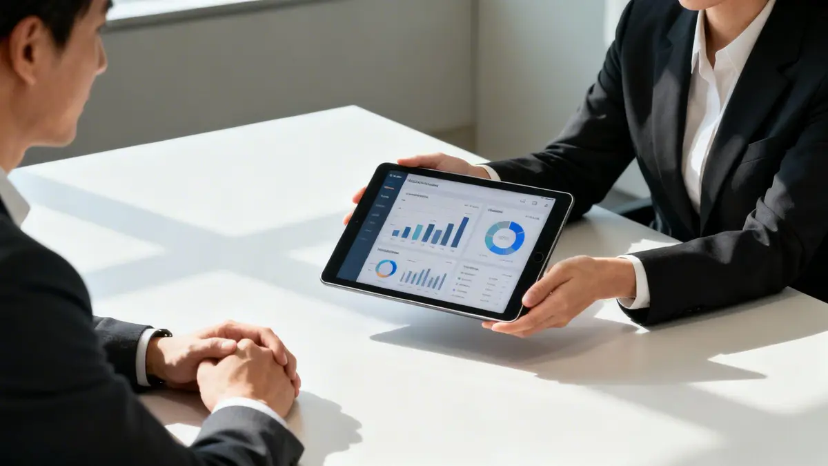 Two business professionals at a table, one presenting data on a tablet to the other.