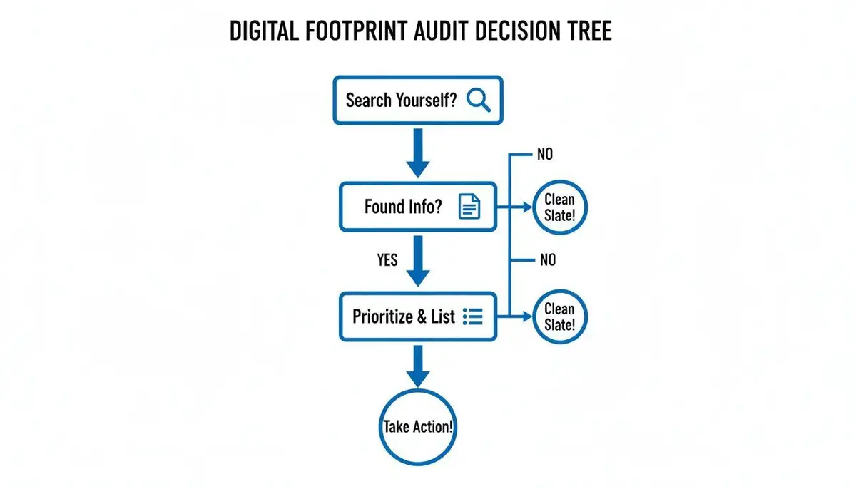 A digital footprint audit decision tree flowchart outlining steps from searching yourself to taking action.