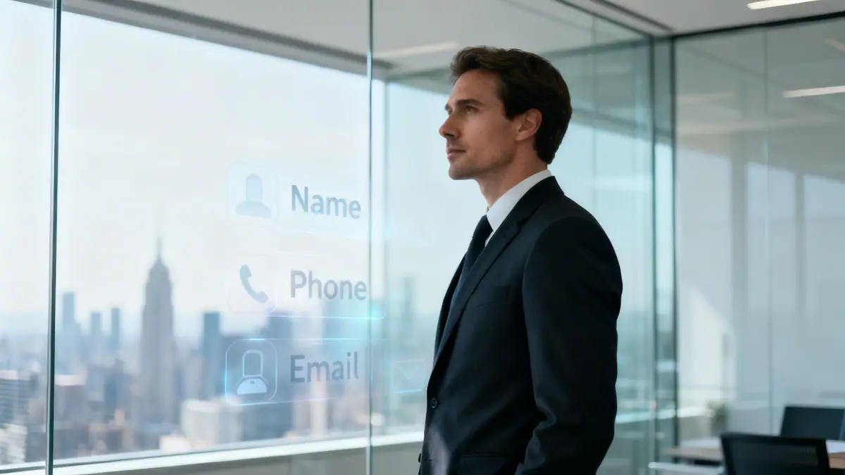 A businessman looks out a window with a city view and a holographic display of contact information fields.