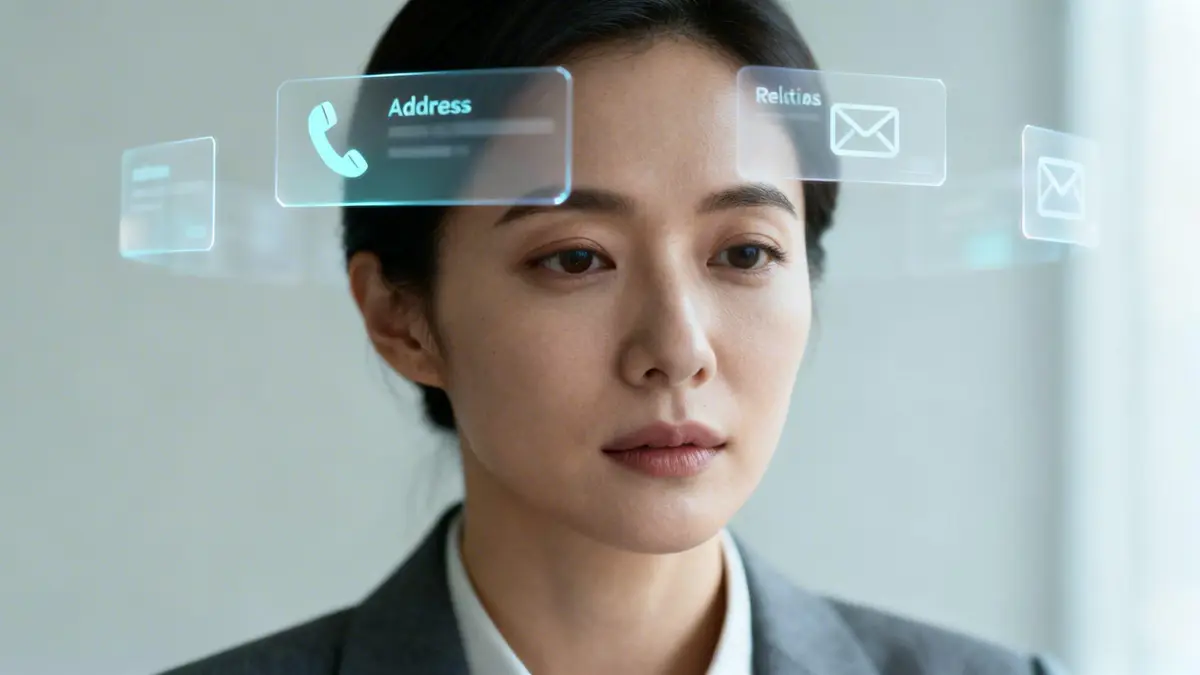 A woman interacts with floating holographic displays showing personal data and contact options.