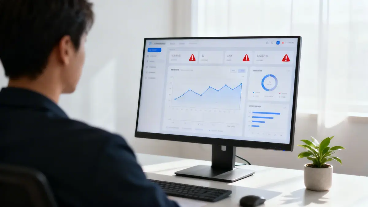 Man in a dark suit views data visualizations on a computer monitor in a bright office.