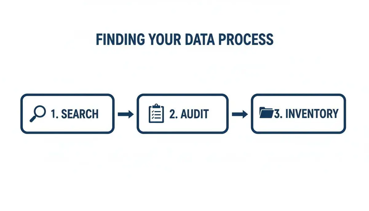 A three-step data process flowchart showing search, audit, and inventory stages for finding information.