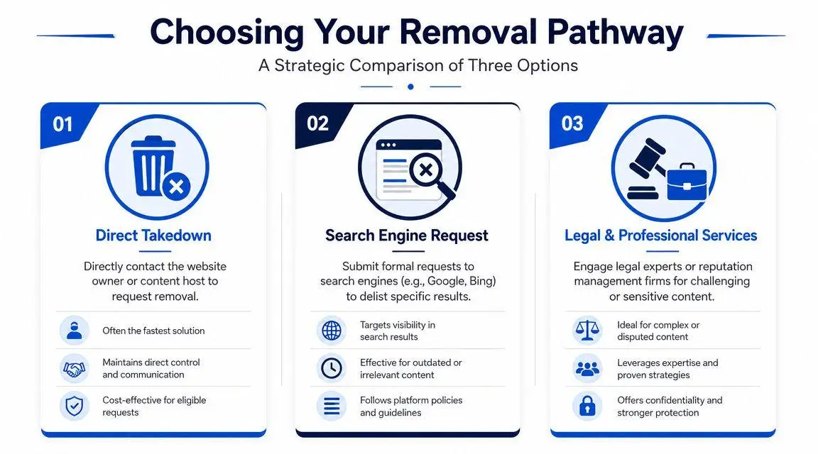 A strategic comparison infographic outlining three pathways for removing content: direct takedown, search engine requests, and legal services.