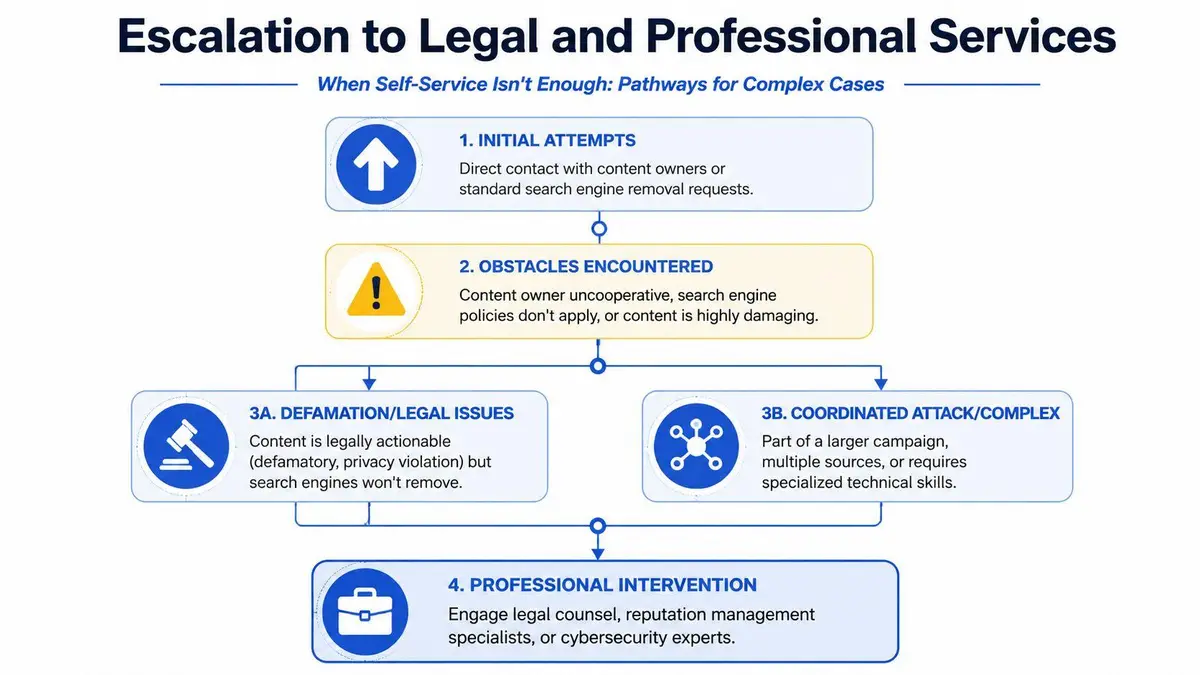 A flow chart illustrating the escalation process from self-service removal attempts to professional legal or technical intervention.