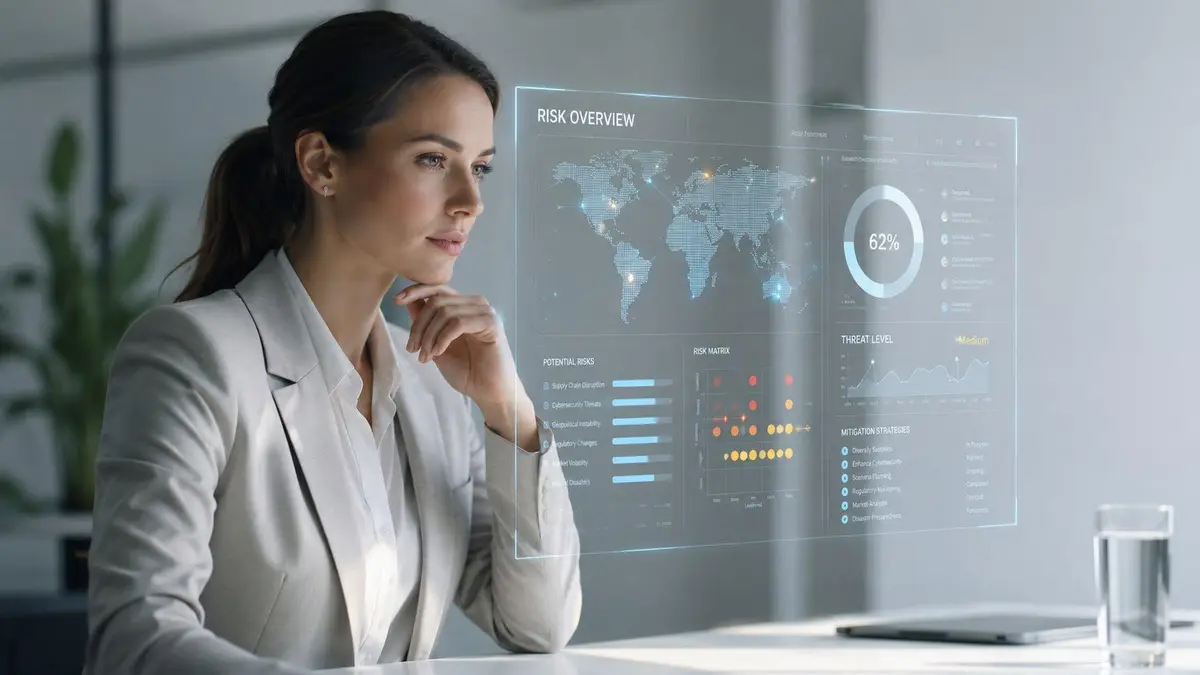 A professional businesswoman analyzing a digital dashboard displaying global risk data and cyber security analytics.