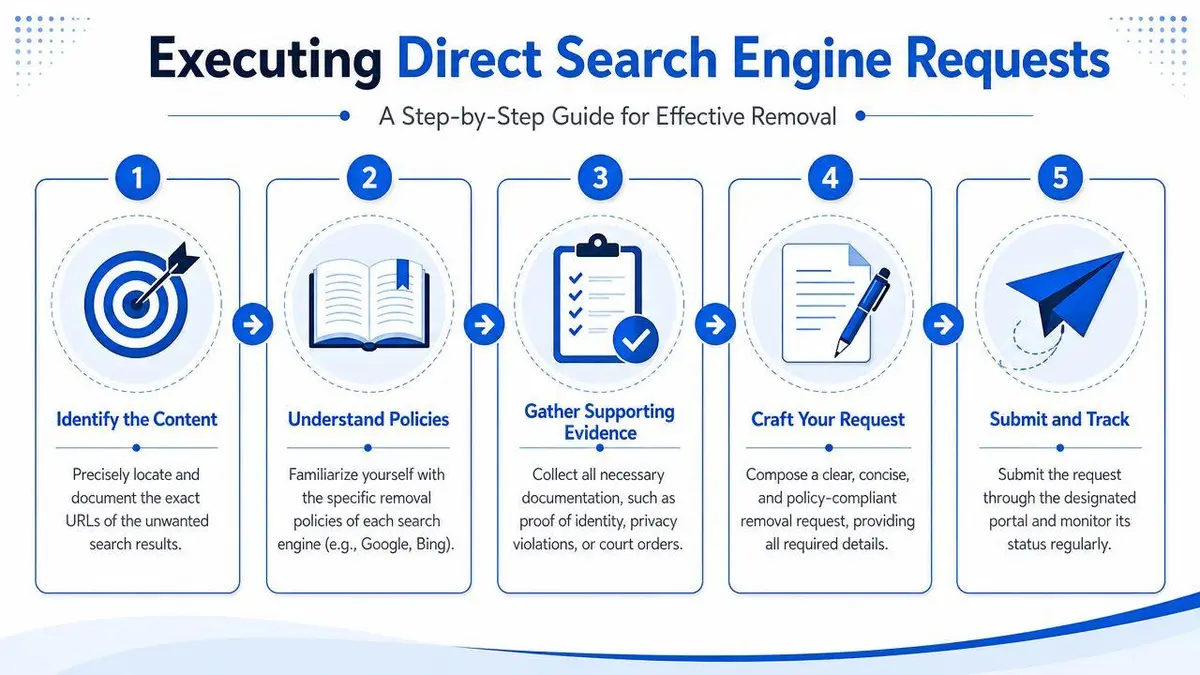 A five-step infographic showing how to request the removal of content from search engine results.