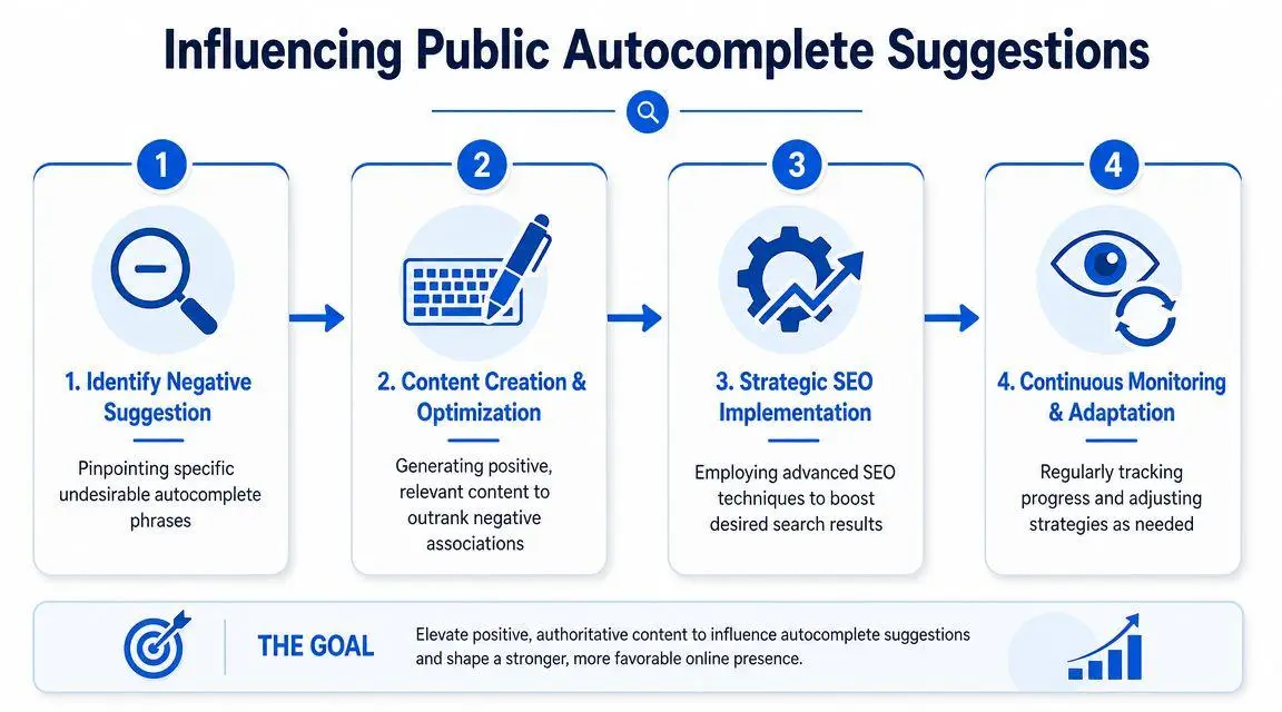 A four-step infographic illustrating the process of influencing public search autocomplete suggestions to improve online reputation.