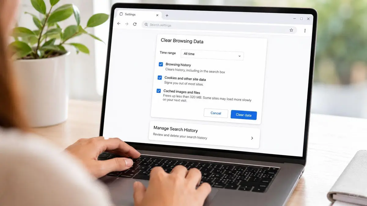 A person using a laptop to open the Clear Browsing Data settings menu in a web browser.