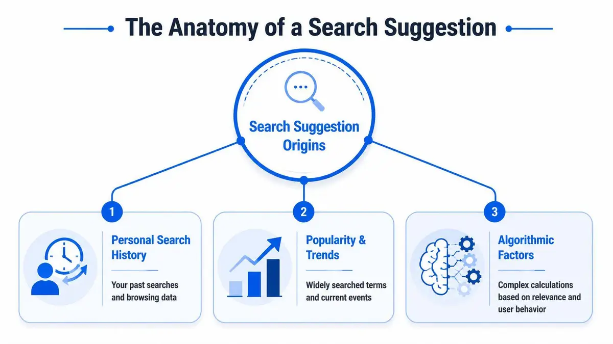A diagram illustrating the three main origins of search suggestions: personal history, popularity, and algorithmic factors.