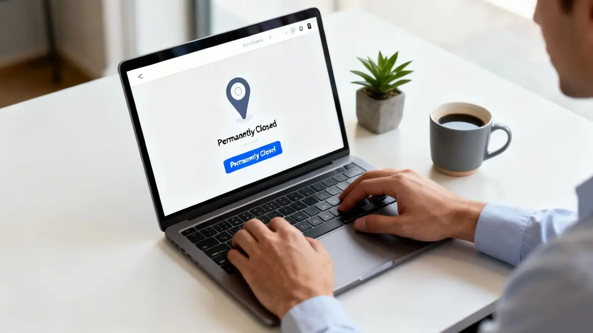 Person typing on a laptop, screen shows 'Permanently Closed' status with a map pin icon.