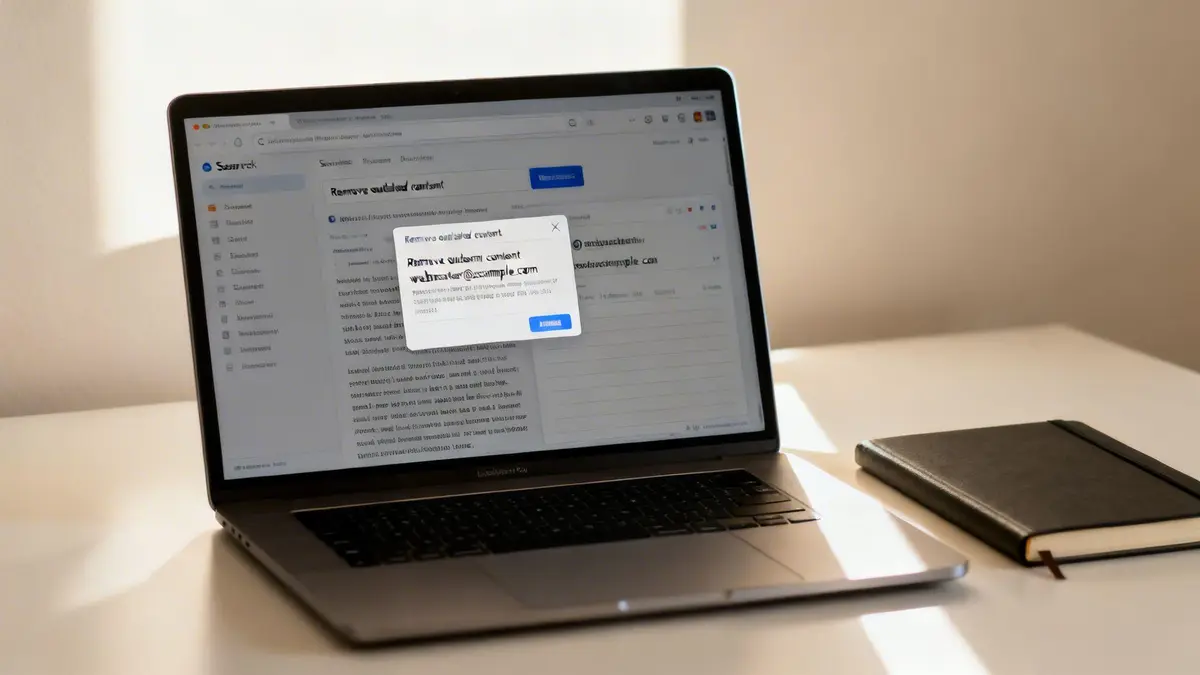 A laptop screen displays a web browser with a pop-up window about removing outdated content.