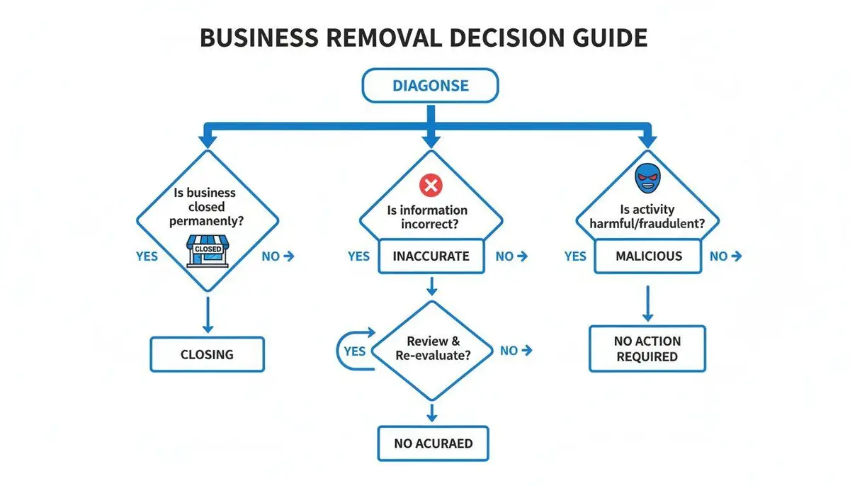 Flowchart guiding business removal decisions based on closure, incorrect information, or malicious activity.