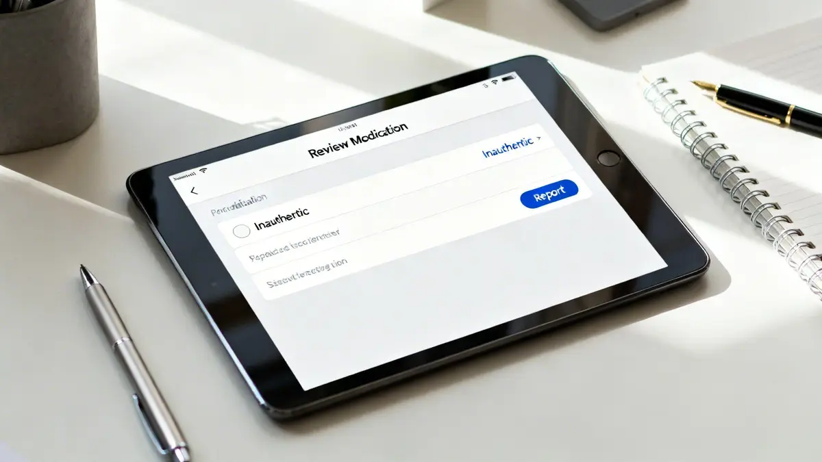 A tablet displaying a medical review app with 'Inauthentic' selected and a 'Report' button on a desk.