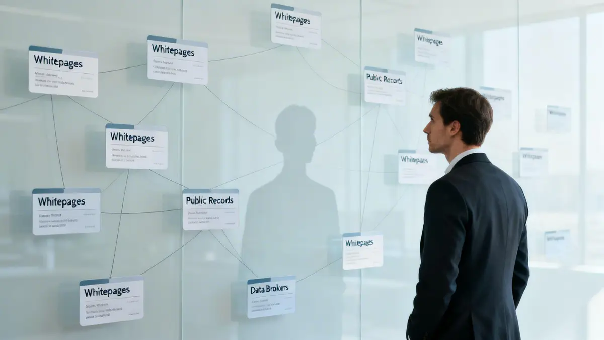 A man in a suit observes a glass wall displaying a network of 'Whitepages' and 'Public Records' cards.
