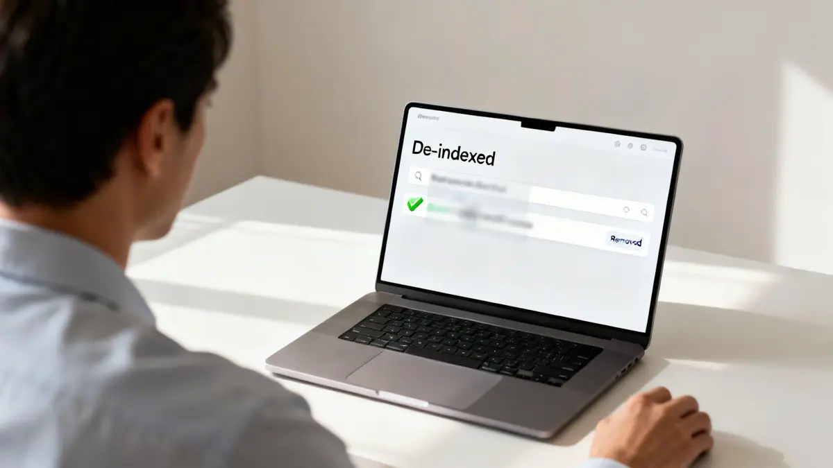 A person views a laptop screen confirming "De-indexed" information and a "Removed" status.