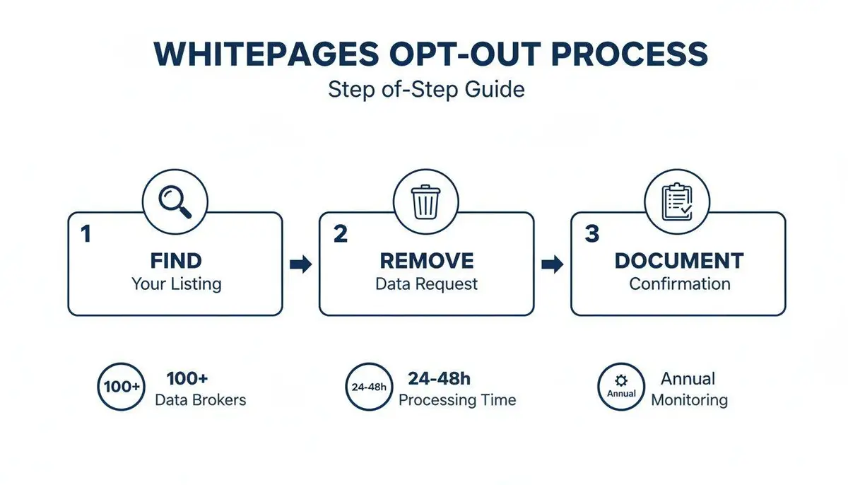 Diagram illustrating the three-step Whitepages opt-out process: find, remove, and document, with key details.