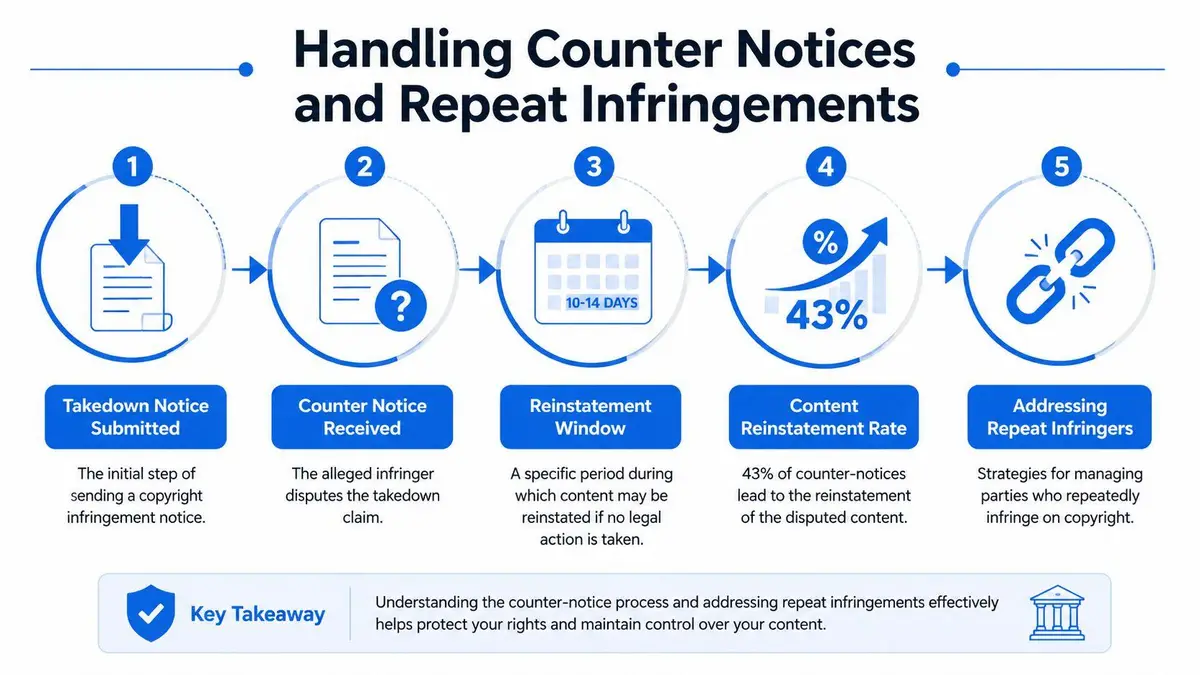 A five-step infographic explaining the process for handling copyright counter notices and managing repeat infringers.