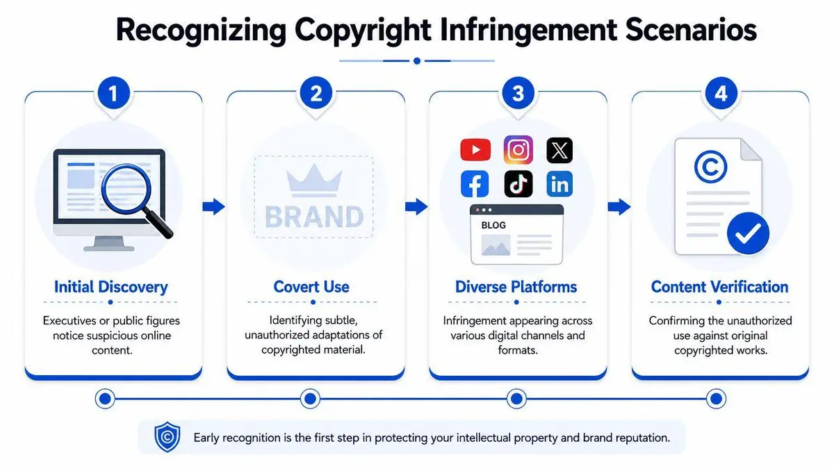 A four-step infographic illustrating the process of recognizing and reporting online copyright infringement for brand protection.