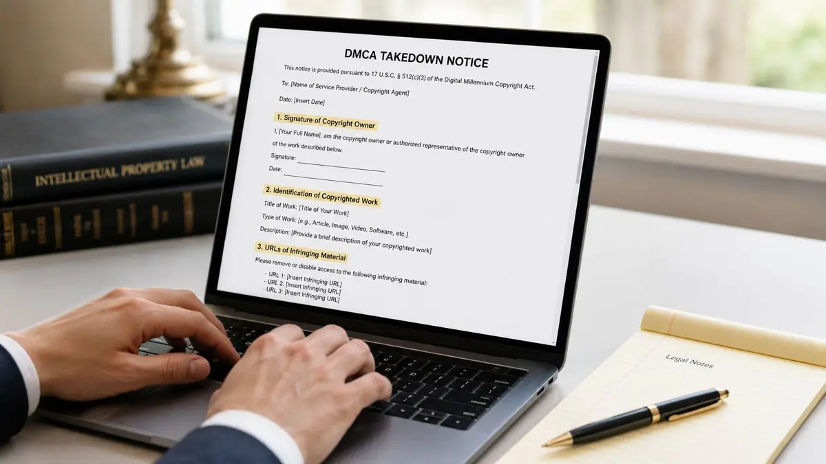A person typing a formal DMCA takedown notice on a laptop in a professional legal office setting.