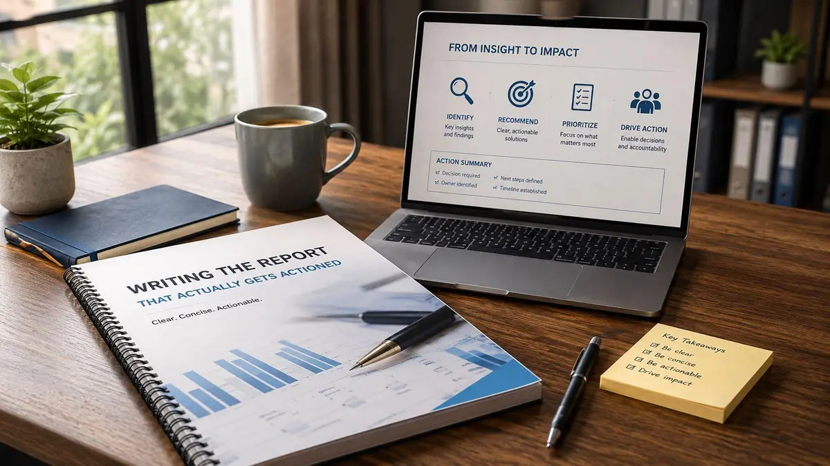 A professional desk workspace featuring a laptop, notebook, pen, and report on how to write effective reports.