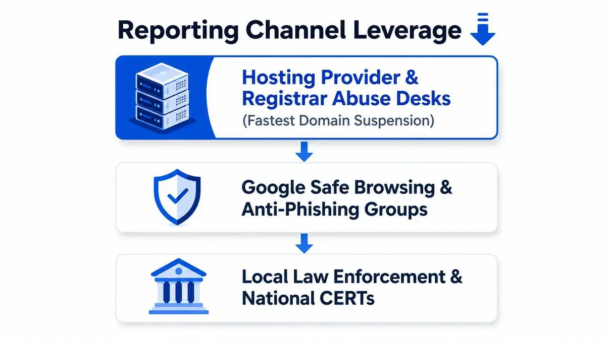 A diagram illustrating the three main channels for reporting phishing websites to minimize online security risks.