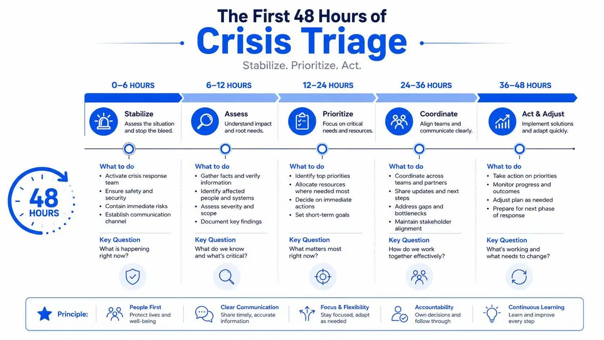 A timeline infographic titled The First 48 Hours of Crisis Triage, outlining actionable steps for crisis management.