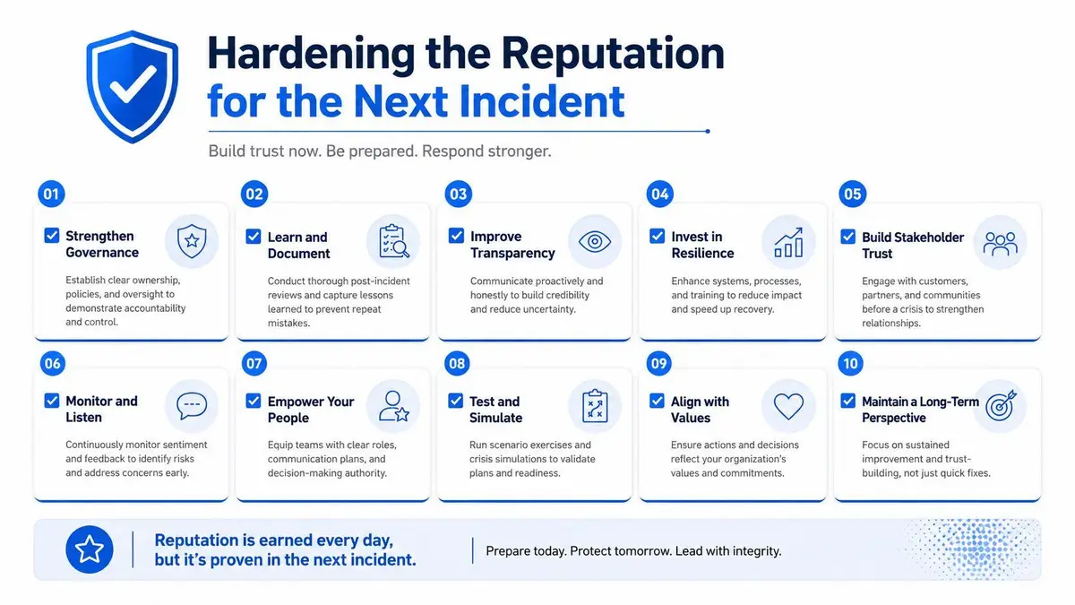 An infographic titled Hardening the Reputation for the Next Incident listing ten actionable steps for crisis management.