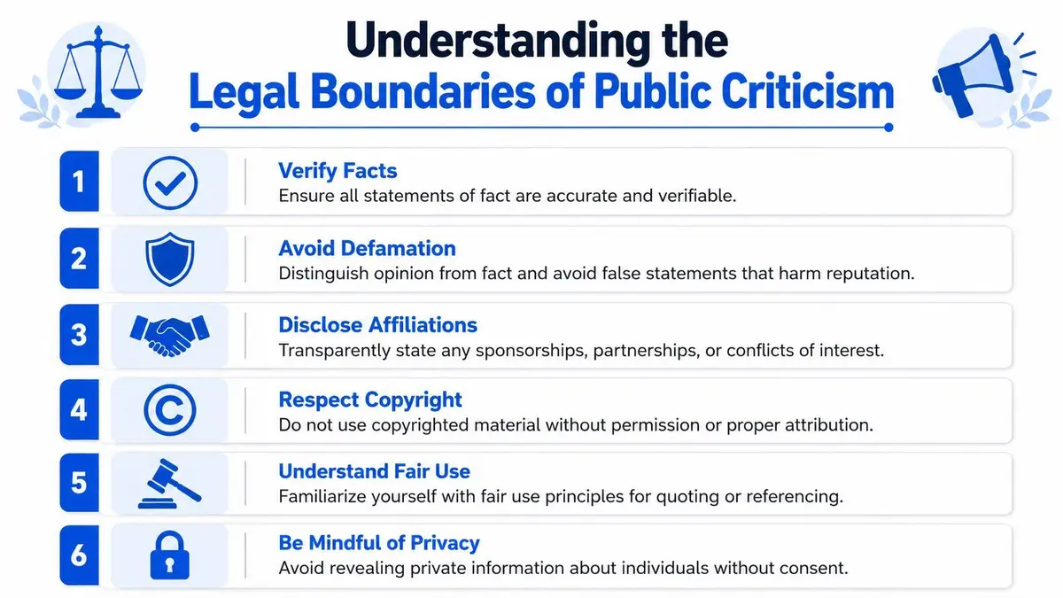 A six-point infographic illustrating essential legal guidelines for public criticism and online reviews.