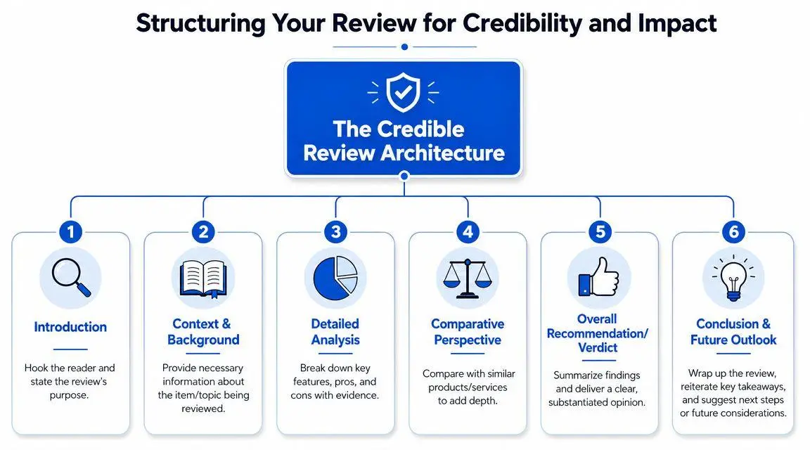 A diagram outlining the six steps to build a credible review architecture for effective content creation.