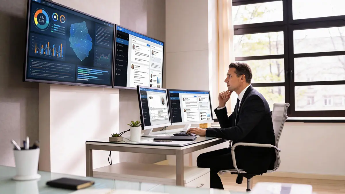 A professional man sitting at an office desk monitoring HR reputation management metrics on several large screens.