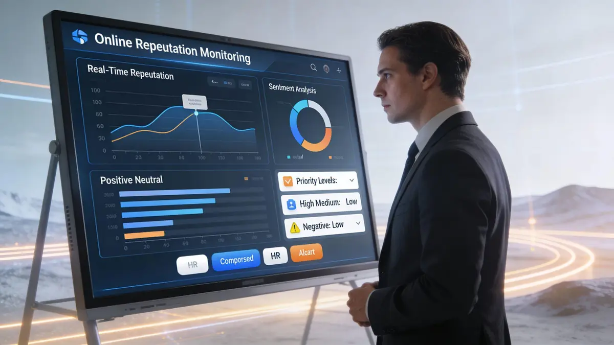 A professional executive in a suit analyzes a digital online reputation monitoring dashboard on a large display screen.