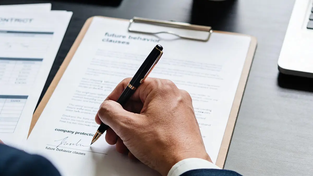 A professional executive signing a contract document titled future behavior clauses on a clipboard at an office desk.