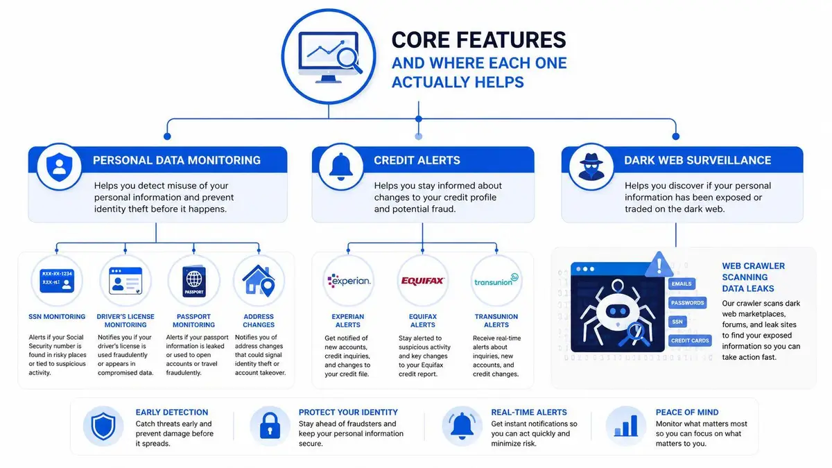 A diagram illustrating identity protection service features including personal data monitoring, credit alerts, and dark web surveillance.