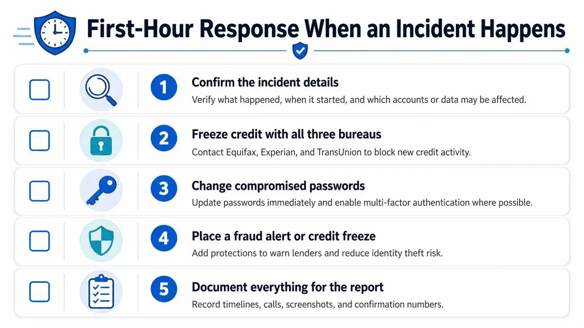 An infographic titled First-Hour Response When an Incident Happens, listing five essential steps for responding to identity theft.