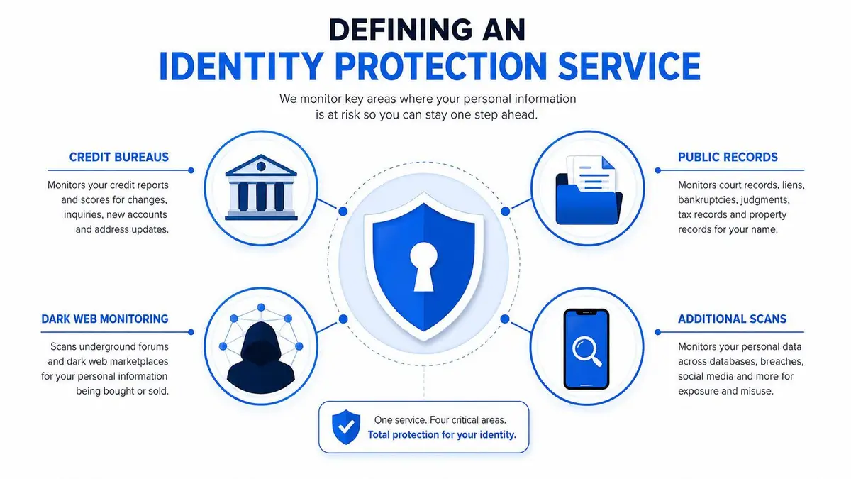 An infographic defining identity protection services by monitoring credit bureaus, dark web, public records, and additional data scans.