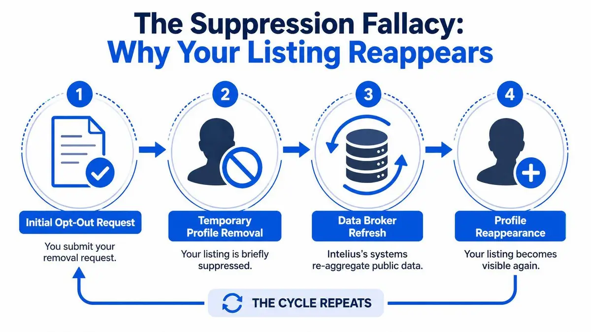 A diagram illustrating the cycle of data broker removal, showing how profiles reappear after initial opt-out requests.