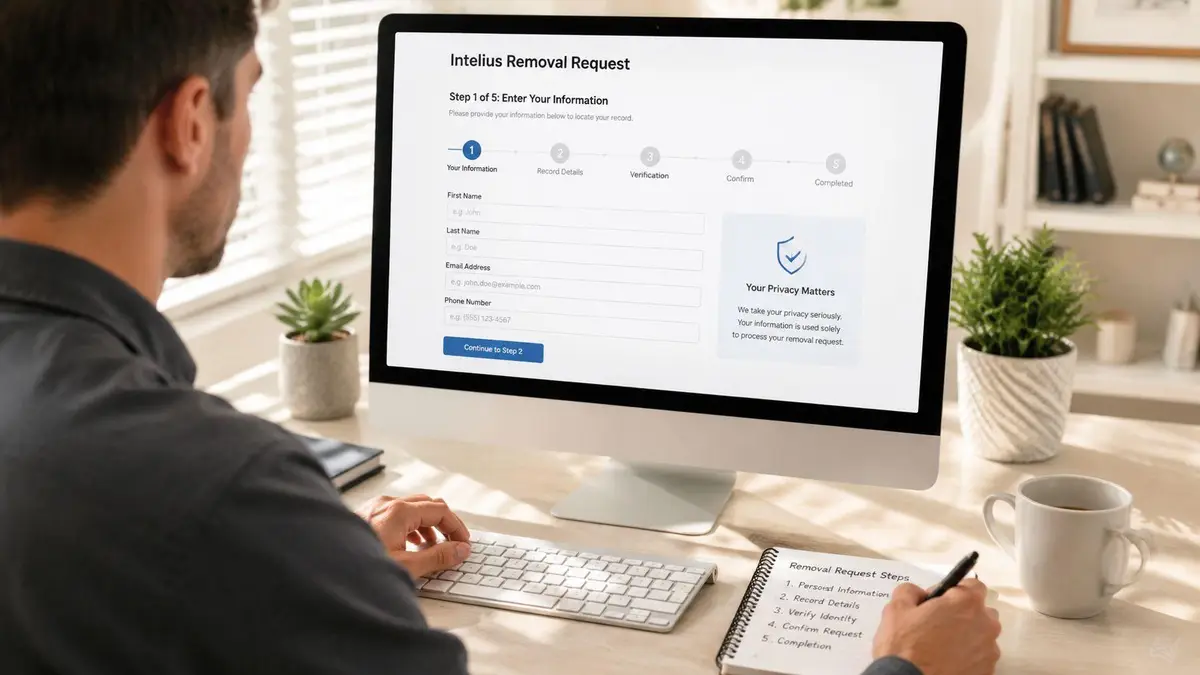 A man sitting at his desk looking at a computer screen showing an Intelius removal request form.