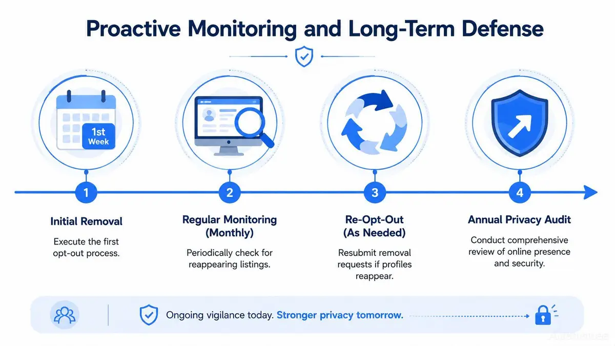 A diagram outlining a four-step proactive monitoring and long-term defense strategy for online personal data removal.