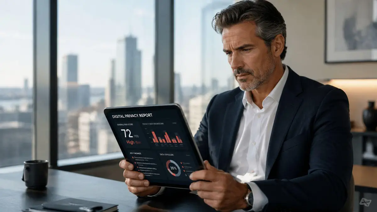 A professional man reviewing a high privacy risk digital report on a tablet in an office.