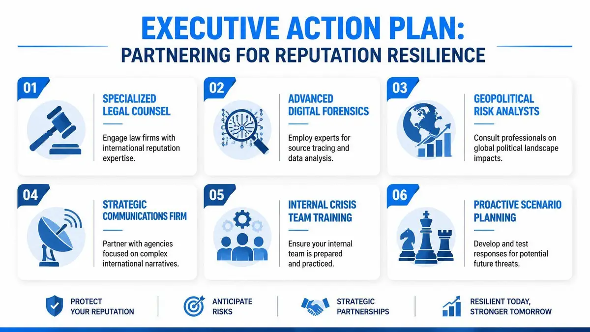 A professional infographic outlining an executive action plan for building corporate reputation resilience through strategic partnerships.