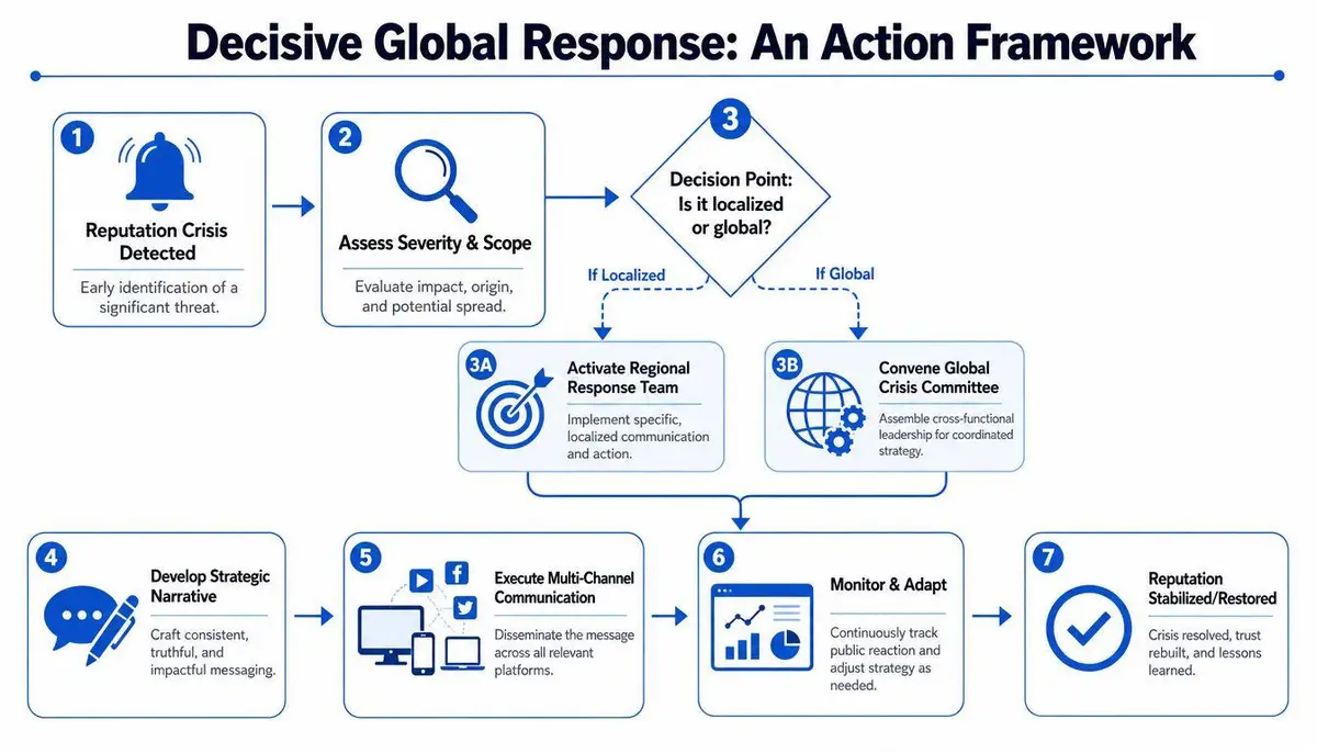 A flowchart titled Decisive Global Response illustrating a seven-step action framework for managing corporate reputation crises.