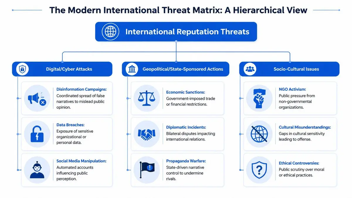 A hierarchical flowchart detailing international reputation threats, including digital attacks, geopolitical actions, and socio-cultural issues.