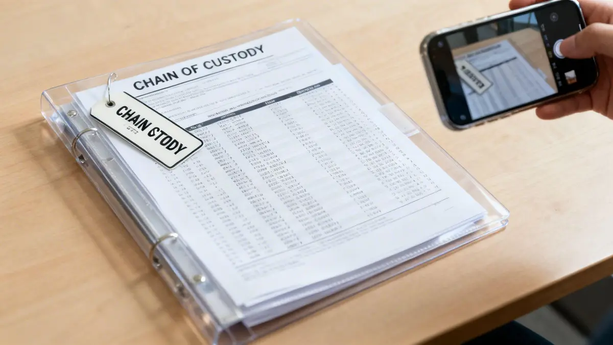 A hand photographs a 'Chain of Custody' legal document in a binder on a wooden desk.