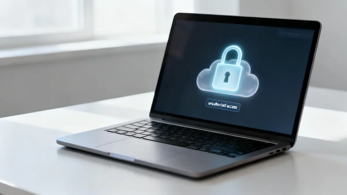 A laptop displaying a glowing padlock icon within a cloud, indicating cloud data security or unauthorized access.