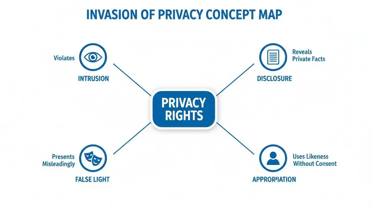 A concept map illustrating the four types of invasion of privacy: Intrusion, Disclosure, False Light, and Appropriation, stemming from Privacy Rights.