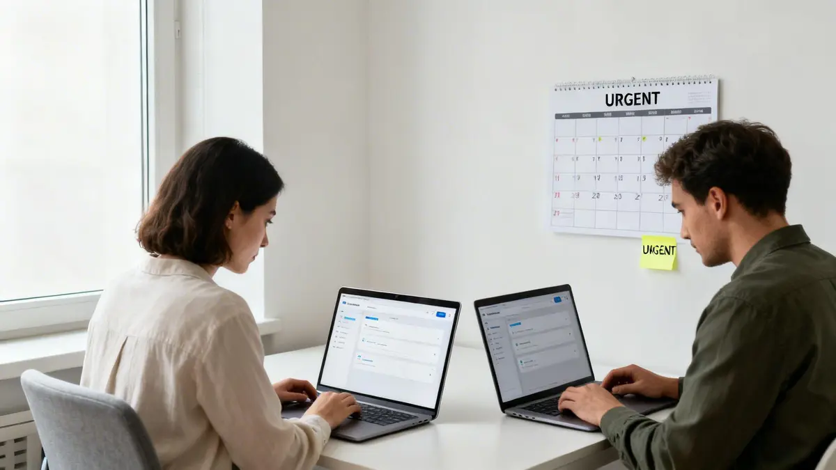 Two colleagues diligently work on laptops at a desk, with urgent reminders on the wall.
